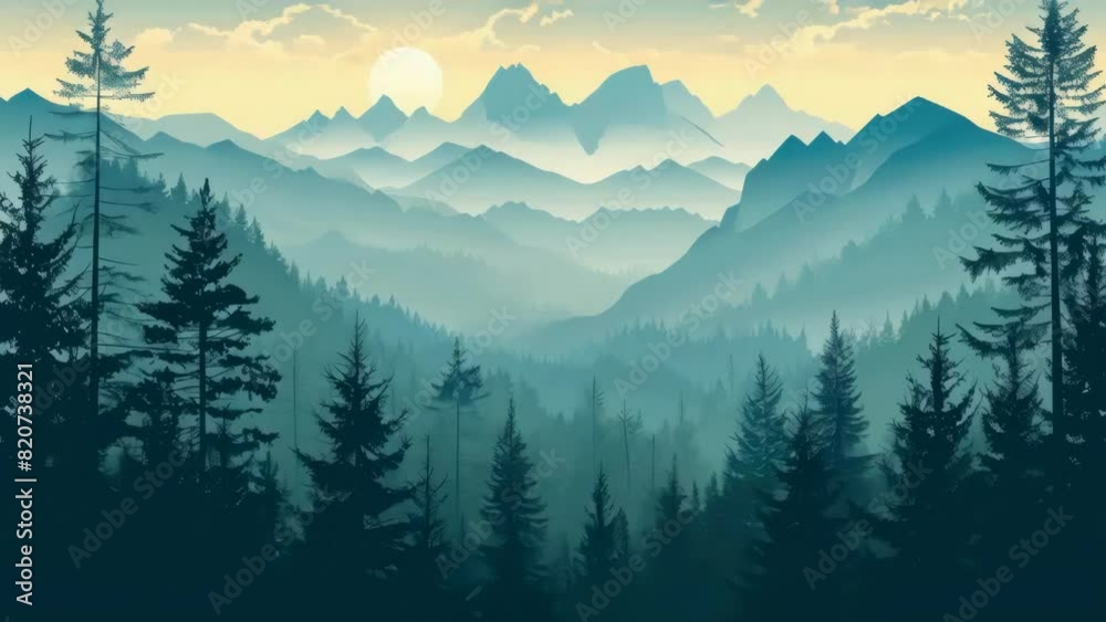A mountain range with a large tree in the foreground. The sky is blue and the sun is setting A mountain range with a large tree in the foreground. The sky is blue and the sun is setting