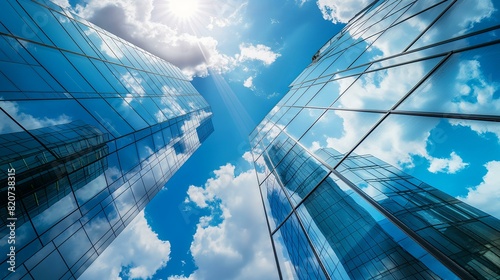 Wide Angle Shot of Modern Office Buildings Reflecting Sky with Clouds