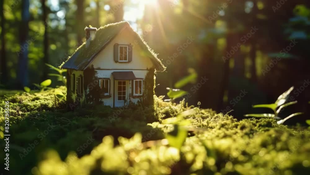 A small house is covered in moss and surrounded by green grass. The house is situated in a forest, with sunlight shining through the trees. Concept of tranquility and natural beauty A small house is covered in moss and surrounded by green grass. The house is situated in a forest, with sunlight shining through the trees. Concept of tranquility and natural beauty