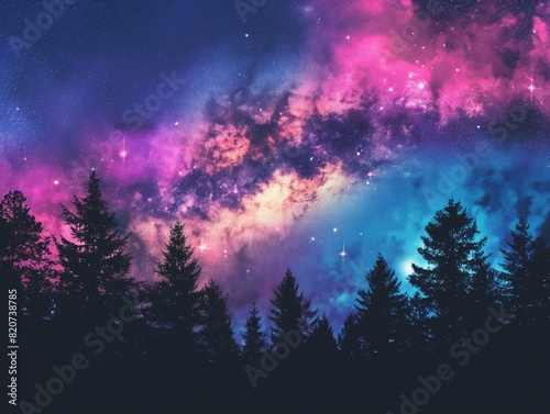 Silhouetted trees under a vibrant  star-filled night sky with a colorful nebula  evoking wonder and tranquility.