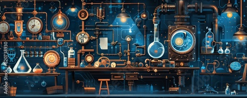 A steampunk laboratory where inventors tinker with brass gears and arcane machinery, conducting experiments beyond the realm of science. illustration.
