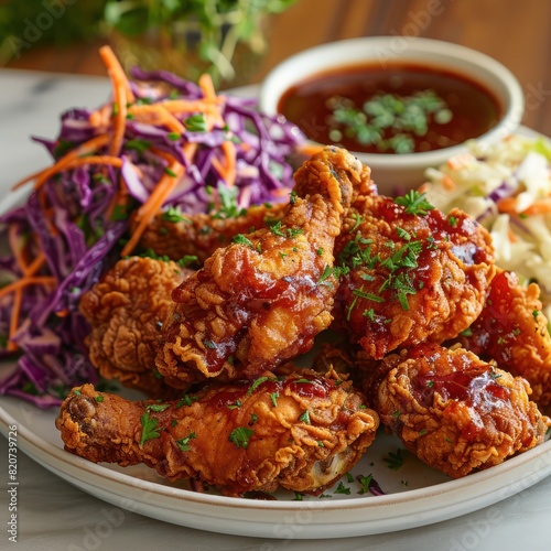 crispy fried chicken infused with herbs and spices garnished with chopped chives, served with coleslaw