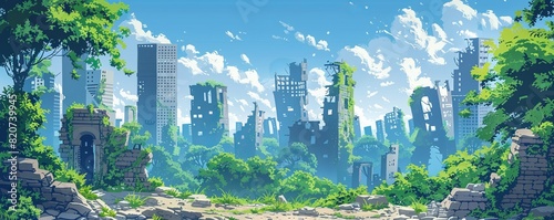 A post-human landscape reclaimed by nature, with overgrown ruins and crumbling skyscrapers entwined with vines and foliage.   illustration. photo