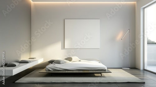A modern bedroom with a minimalist, wall-mounted art piece and a sleek, designer floor lamp