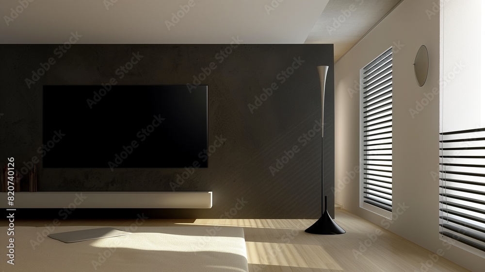 A modern bedroom with a minimalist, wall-mounted art piece and a sleek, designer floor lamp