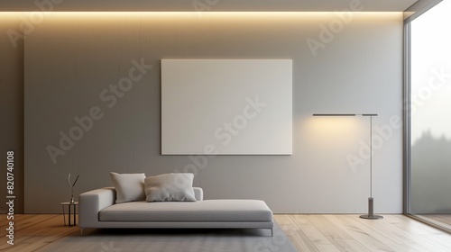 A modern bedroom with a minimalist  wall-mounted art piece and a sleek  designer floor lamp