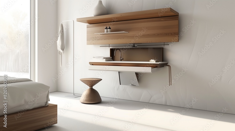 A modern bedroom with a minimalist, wall-mounted vanity and a hidden, retractable stool A modern bedroom with a minimalist, wall-mounted vanity and a hidden, retractable stool