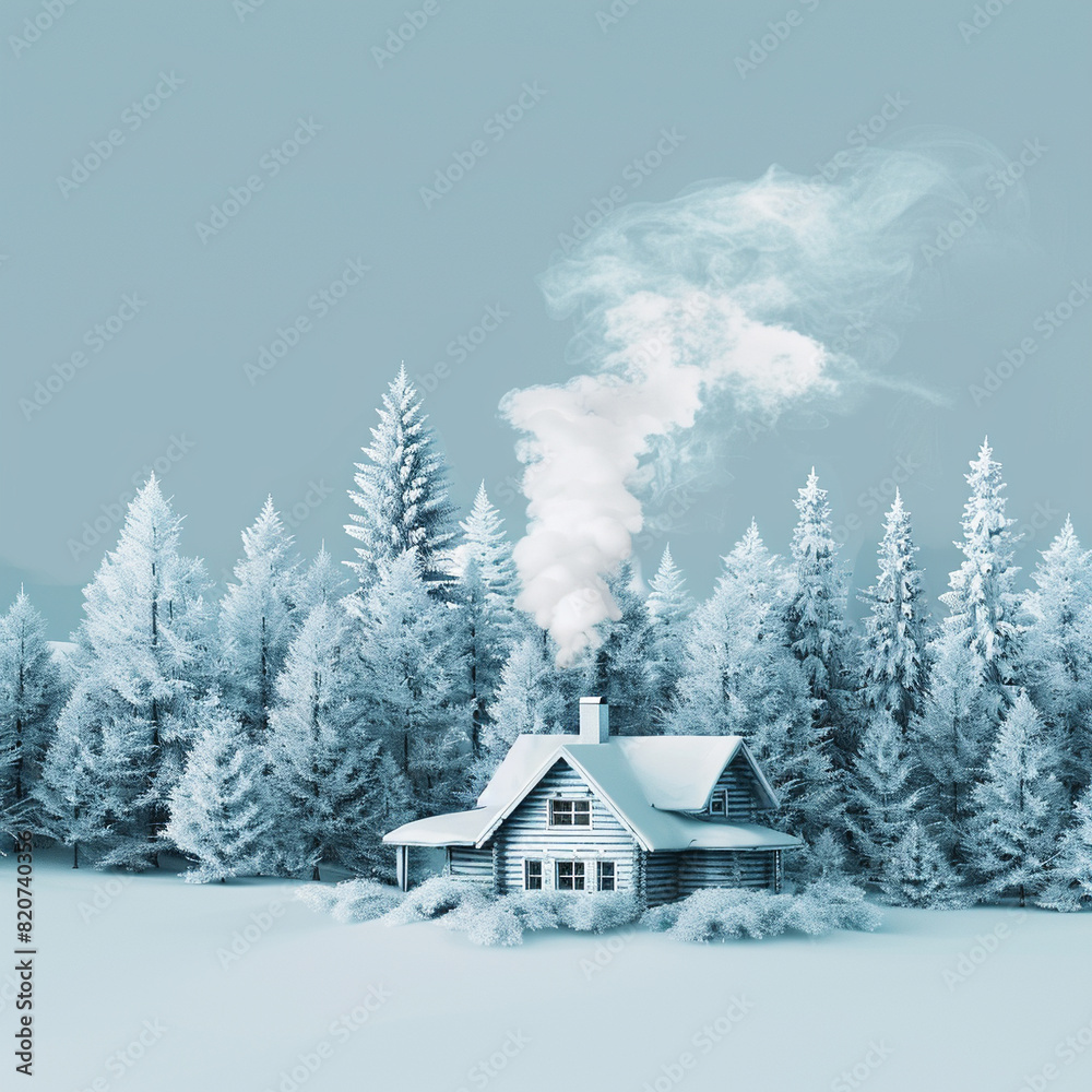 A cozy cabin nestled in a snowy forest with smoke curling from the chimney., graphic resource, art, animated, illustration, Generative AI