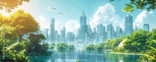 A retro-futuristic utopia where gleaming skyscrapers and sleek hovercrafts coexist amidst lush greenery and pristine waters.   illustration.