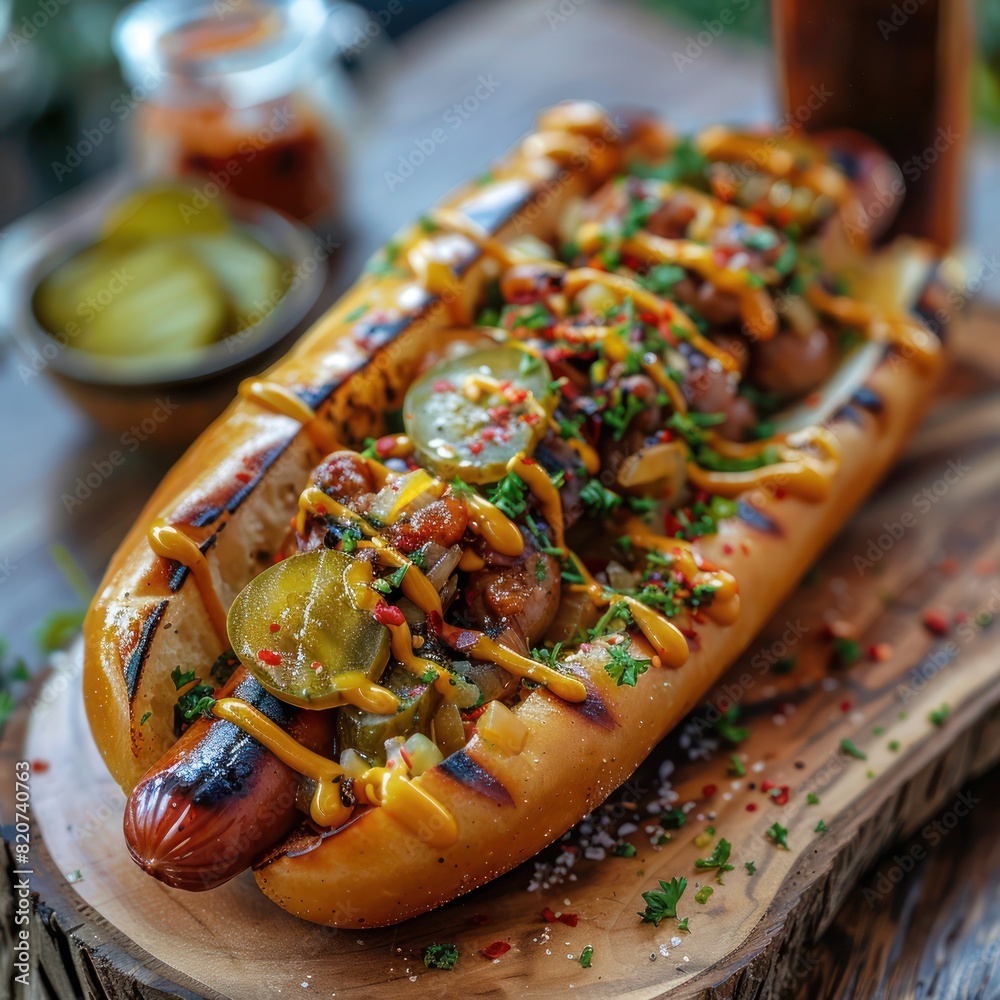 a grilled hotdog in a bun loaded with mustard sauce 
