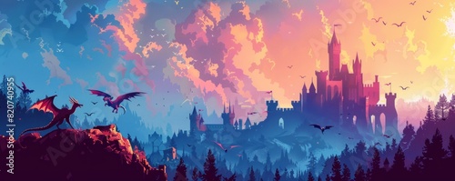 A fantastical realm of magic and adventure, where knights ride dragons and wizards cast spells amidst sprawling castles and enchanted forests.   illustration. photo