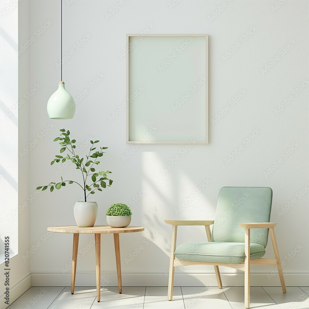 Frame mockup. Home interior with light green chair and mini table, wall poster frame. 3D render Frame mockup. Home interior with light green chair and mini table, wall poster frame. 3D render