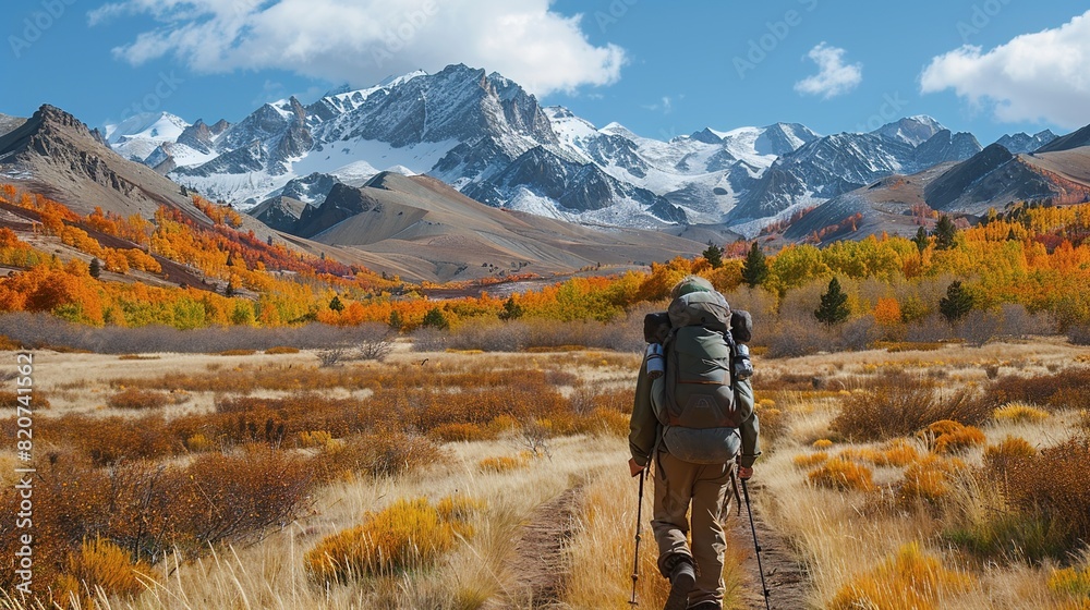 Back view of a mountaineer walking alone in the mountains at sunset with a heavy backpack. Outdoor summer vacation adventure concept alone into the wild Back view of a mountaineer walking alone in the mountains at sunset with a heavy backpack. Outdoor summer vacation adventure concept alone into the wild