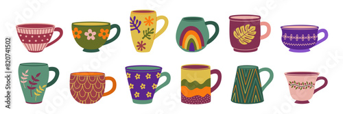 Set of colored tea cups. Cute mugs different shapes and ornaments. Hand drawn vector illustration isolated on white background, flat cartoon style.