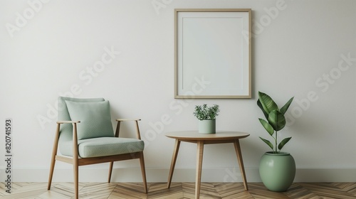 Frame mockup. Home interior with light green chair and mini table  wall poster frame. 3D render