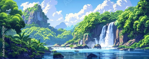 A picturesque river valley with lush greenery, cascading waterfalls, and rugged cliffs.   illustration. photo