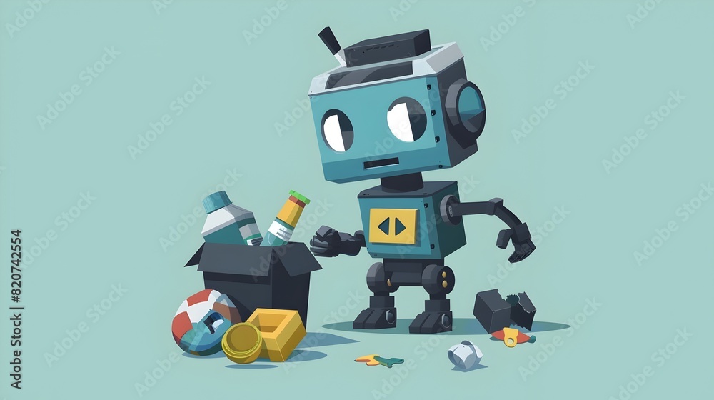 Cheerful Recycling Robot Sorting Scrap and Waste in Tidy Workspace Cheerful Recycling Robot Sorting Scrap and Waste in Tidy Workspace