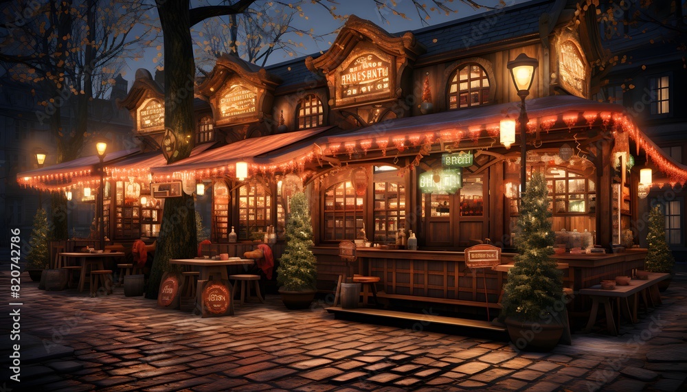 Illustration of a restaurant at night with Christmas lights in the background