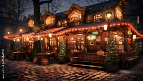 Illustration of a restaurant at night with Christmas lights in the background