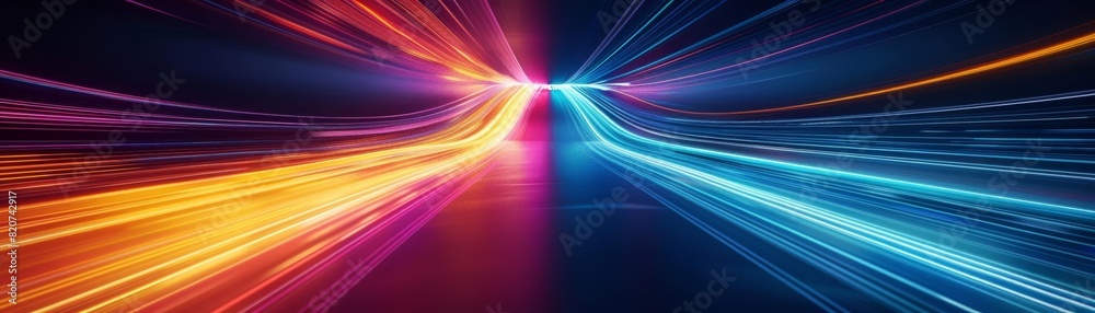 Dynamic light trails in motion with vibrant colors of red and blue creating a futuristic, speed, and energy concept background.