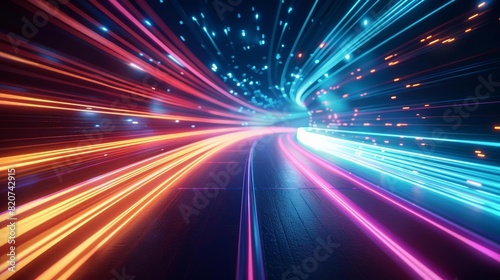 Vibrant neon light trails forming a futuristic tunnel, representing speed, technology, and innovation in a dynamic, colorful abstract design.