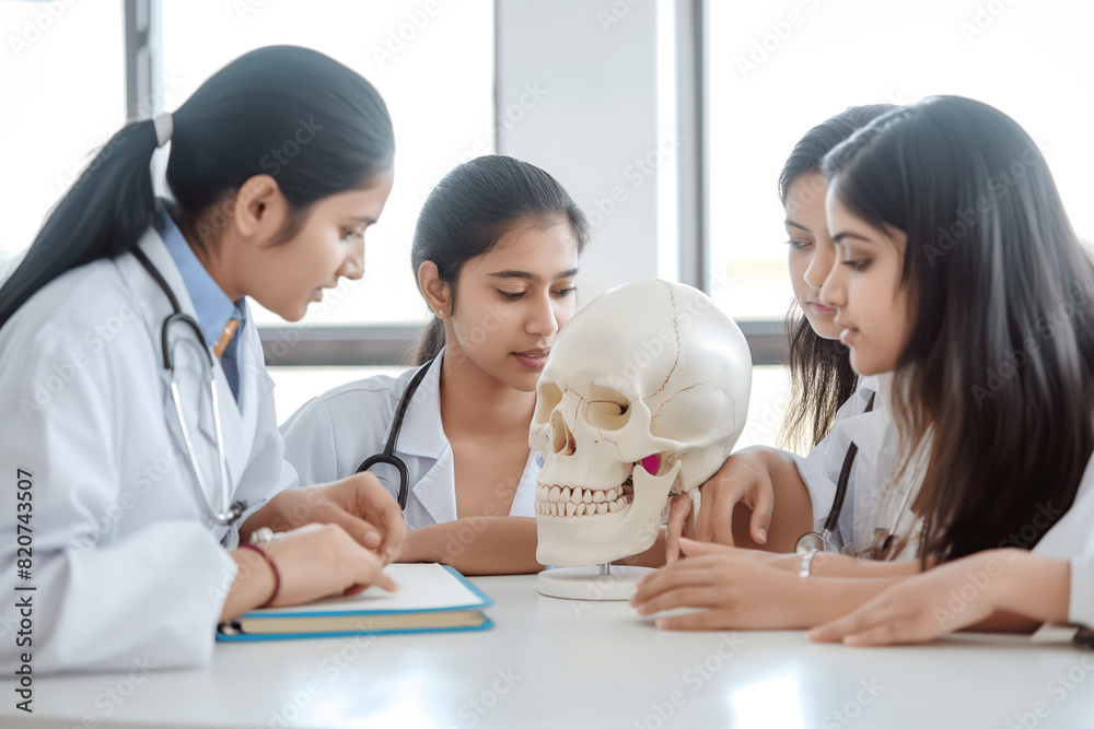 A group of women are gathered around a table with a skull on it A group of women are gathered around a table with a skull on it