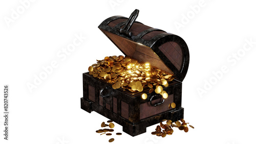Open treasure chest box with gold coins old dirty metal edge side view 3D rendering