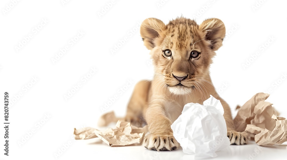 Obraz premium Playful Lion Cub Exploring Recycled Paper Balls on White Background