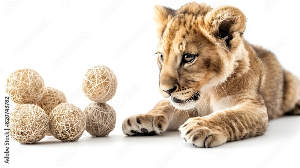Obraz premium Playful Lion Cub Exploring Recycled Paper Balls on White Background