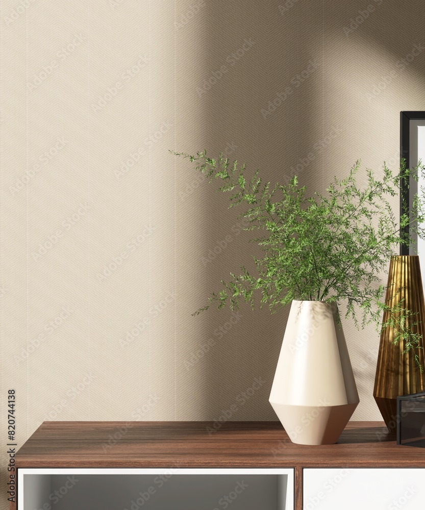 Close up of top of wooden cabinet with beige vase of tree twig in sunlight, shadow on brown wall for modern, luxury fashion, beauty, cosmetic, skincare, body care, product display background 3D