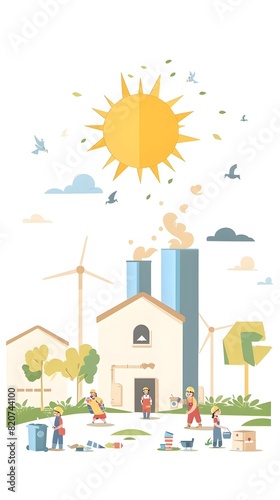 Sunny Recycling Factory with Cheerful Employees in Eco-Friendly Landscape