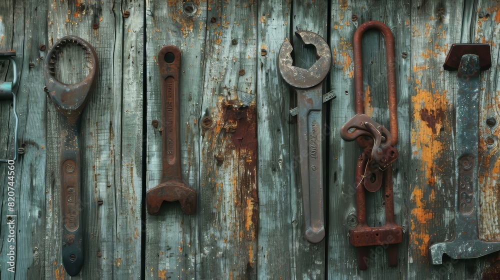 Old, rusted tools displayed orderly on a wooden farm shed wall, close-up capturing every speck of rust and wear Old, rusted tools displayed orderly on a wooden farm shed wall, close-up capturing every speck of rust and wear