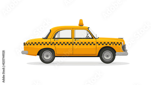 Illustration of a classic yellow taxi cab with a checkerboard stripe along its side, depicted on a white background. The taxi is shown in a side profile, highlighting its vintage design and iconic loo