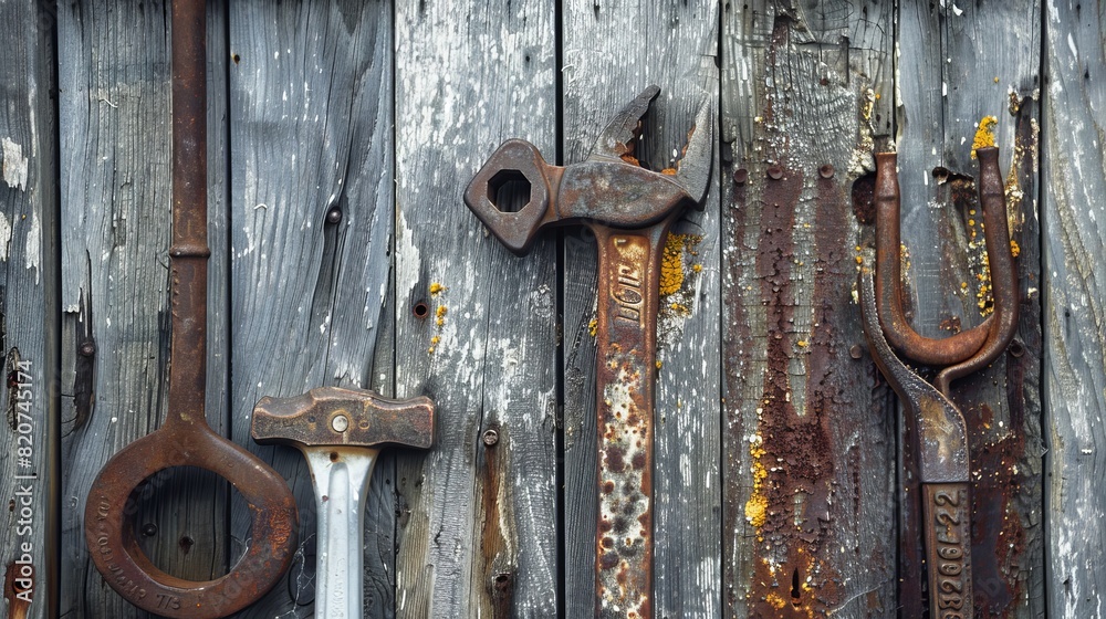 Neatly arranged, rust-speckled tools on a farm shed wall, close-up view highlighting the aged metal and wood grain Neatly arranged, rust-speckled tools on a farm shed wall, close-up view highlighting the aged metal and wood grain