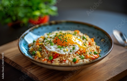 Indonesian food fried rice with vegetable shredded chicken and fried eggs, Asian food style