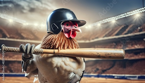  an image of a chicken batting in a baseball game, wearing a classic baseball helmet. photo