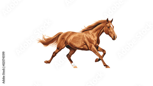 An illustration of a brown horse in full gallop  showcasing its muscular build and dynamic movement. The horse s mane and tail flow with its motion  and its legs are extended in a powerful stride.
