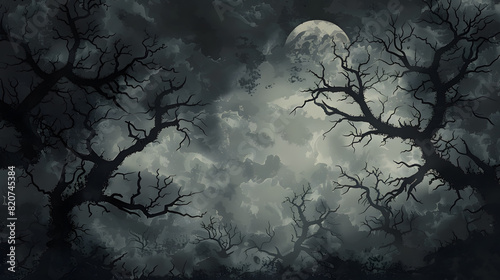 Atmospheric forest scene with full moon peeking through clouds
