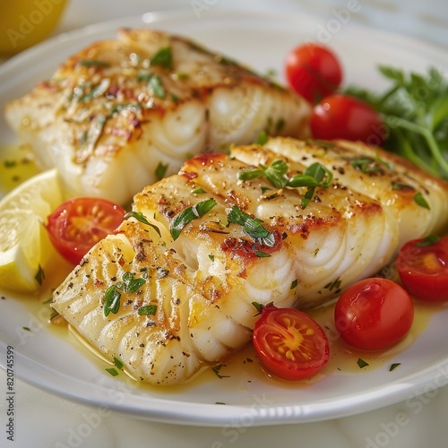 baked cod fish infused with spices and herbs, served with baby tomatoes and a slice of lemon for taste