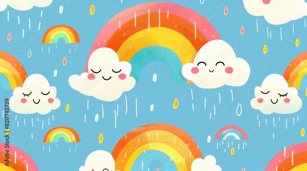 Bright cartoon rainbows and smiling clouds pattern Bright cartoon rainbows and smiling clouds pattern