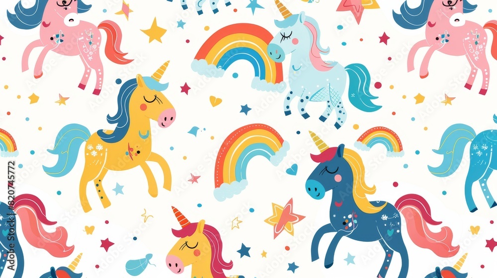 Unicorn Bright cartoon rainbows and smiling clouds pattern Unicorn Bright cartoon rainbows and smiling clouds pattern