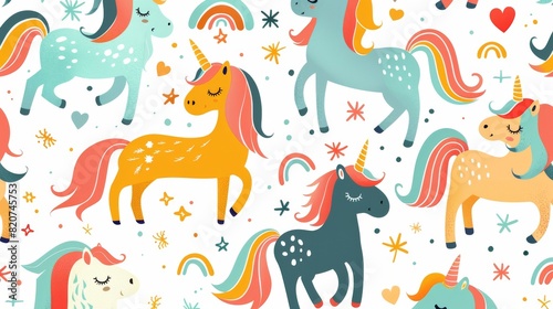 Unicorn Bright cartoon rainbows and smiling clouds pattern