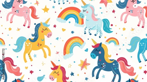 Unicorn Bright cartoon rainbows and smiling clouds pattern