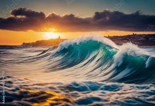 Landscape with a big wave on the sea in the evening at sunset