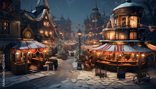 Illustration of a Christmas market in the old town at night.