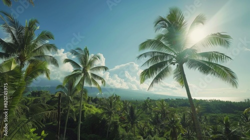 epic cinematic Bali landscape on sunny day  temples on horizon  jungle