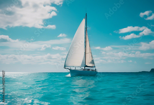 Landscape with a sailboat on the turquoise sea. Beautiful scenery of walpaper decor