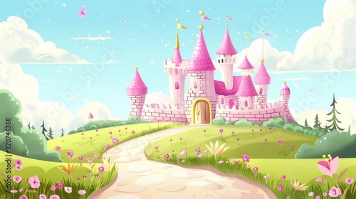 Cartoon fairytale scene with princesses and castles