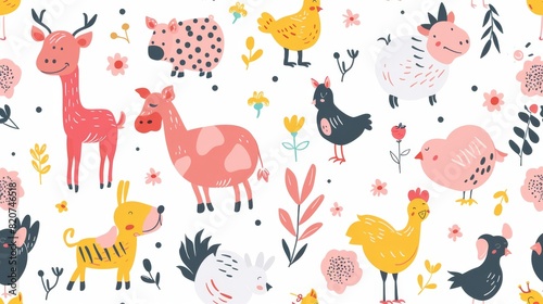 Cartoon farm animals pattern on a white background