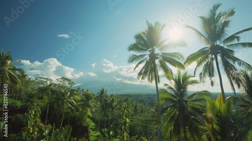 epic cinematic Bali landscape on sunny day  temples on horizon  jungle